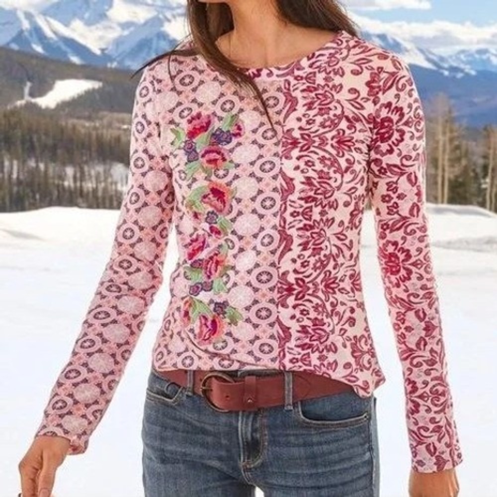 Sundance Pink Celebration Long Sleeve Tee Embroidered - Picture 2 of 13